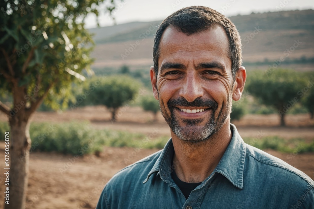 Close portrait of a smiling 40s Palestinian male farmer standing and looking at the camera, outdoors Palestinian rural blurred background Close portrait of a smiling 40s Palestinian male farmer standing and looking at the camera, outdoors Palestinian rural blurred background