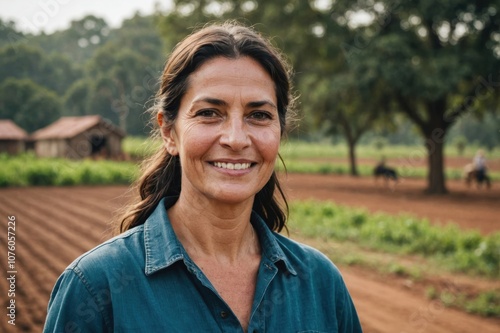 Close portrait of a smiling 40s Paraguayan female farmer standing and looking at the camera, outdoors Paraguayan rural blurred background photo