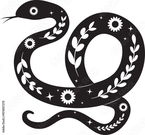 Twisted snake silhouette with leaves and flowers. Boho serpent with floral elements, decorative illustration.