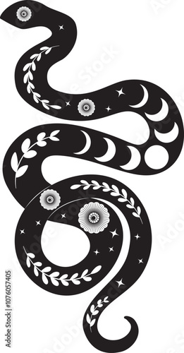 Twisted snake silhouette with leaves and flowers. Boho serpent with floral elements, decorative illustration.