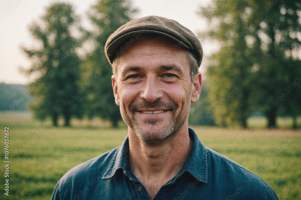 Close portrait of a smiling 40s Polish male farmer standing and looking at the camera, outdoors Polish rural blurred background Close portrait of a smiling 40s Polish male farmer standing and looking at the camera, outdoors Polish rural blurred background