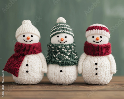 Three charming knitted snowmen dressed warmly for the winter season.