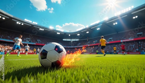 Fiery Soccer Ball in Stadium with Sun and Volumetric Lighting