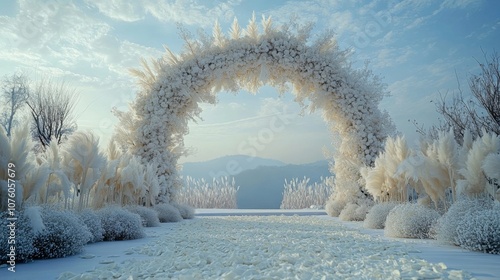 White Floral Archway with a Snowy Path in a Mountain Landscape