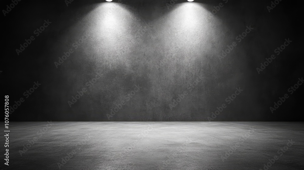 Empty Dark Room with Spotlights on Gray Concrete Wall and Floor Ready for Artistic Installations or Display Presentations in Photography Background Empty Dark Room with Spotlights on Gray Concrete Wall and Floor Ready for Artistic Installations or Display Presentations in Photography Background