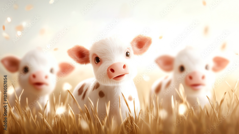 Three cute calves in a sunny field with soft grass and a warm glow of sunlight. Three cute calves in a sunny field with soft grass and a warm glow of sunlight.