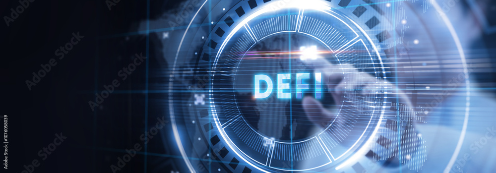 DeFi -Decentralized Finance on dark blue abstract polygonal background. Concept of blockchain, decentralized financial system. DeFi -Decentralized Finance on dark blue abstract polygonal background. Concept of blockchain, decentralized financial system.