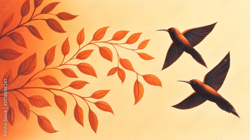 Fototapeta premium Two birds flying amidst vibrant autumn leaves in warm colors.