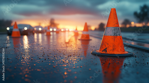 Traffic cones on wet road at sunset, highway safety concept