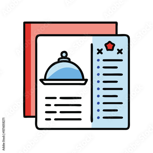 Detailed restaurant menu icon with cloche and star, Vector illustration of a detailed restaurant menu featuring a cloche symbol, star rating, and food list, representing dining options and culinary se