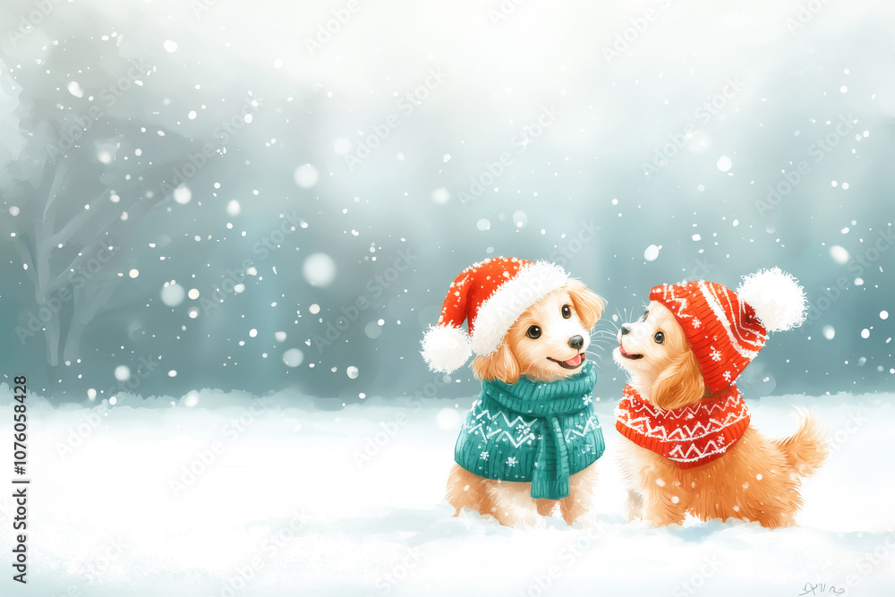 Two cute puppies in winter hats enjoying a snowy day together in a winter wonderland. Two cute puppies in winter hats enjoying a snowy day together in a winter wonderland.