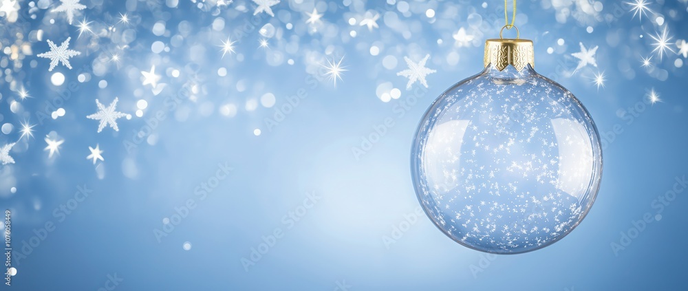 Glass Christmas tree ornament with glowing lights and stars in blue winter background Glass Christmas tree ornament with glowing lights and stars in blue winter background