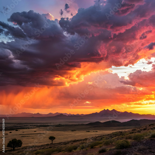 A vibrant sunset casts brilliant colors across a stormy desert sky.