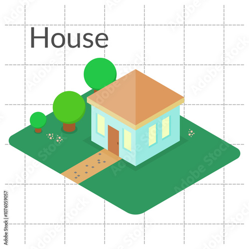 isometric house. house and yard. vector illustration. home. rented. property. business. family. rural. residence. garden. light blue house. quiet and comfortable. dream