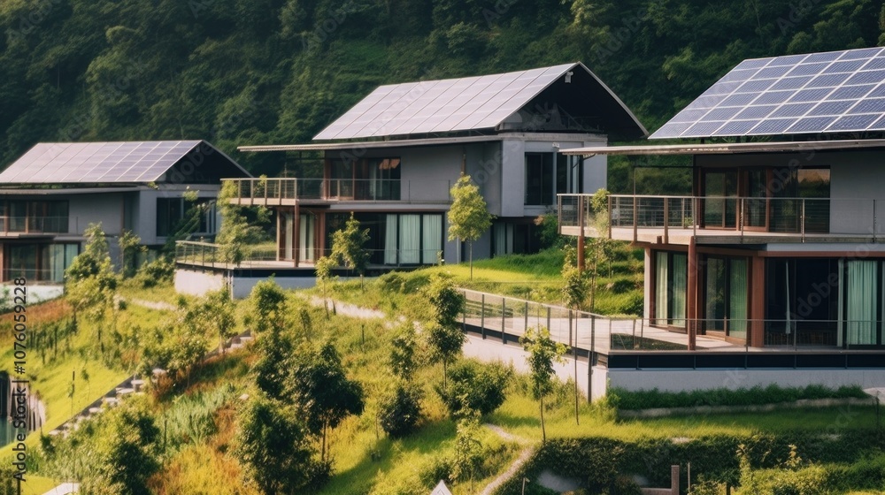 Modern Houses with Solar Panels on a Hillside Modern Houses with Solar Panels on a Hillside