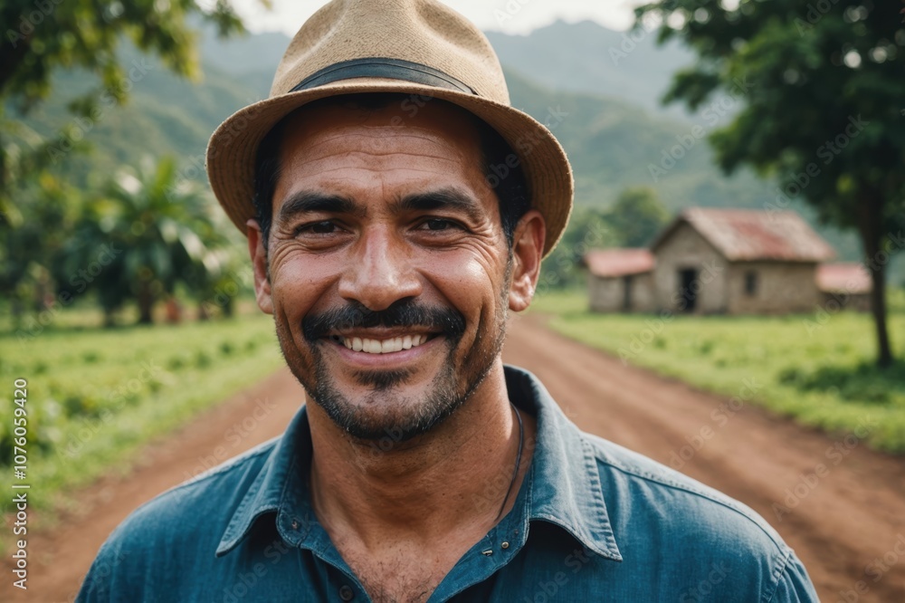 Close portrait of a smiling 40s Salvadoran male farmer standing and looking at the camera, outdoors Salvadoran rural blurred background Close portrait of a smiling 40s Salvadoran male farmer standing and looking at the camera, outdoors Salvadoran rural blurred background