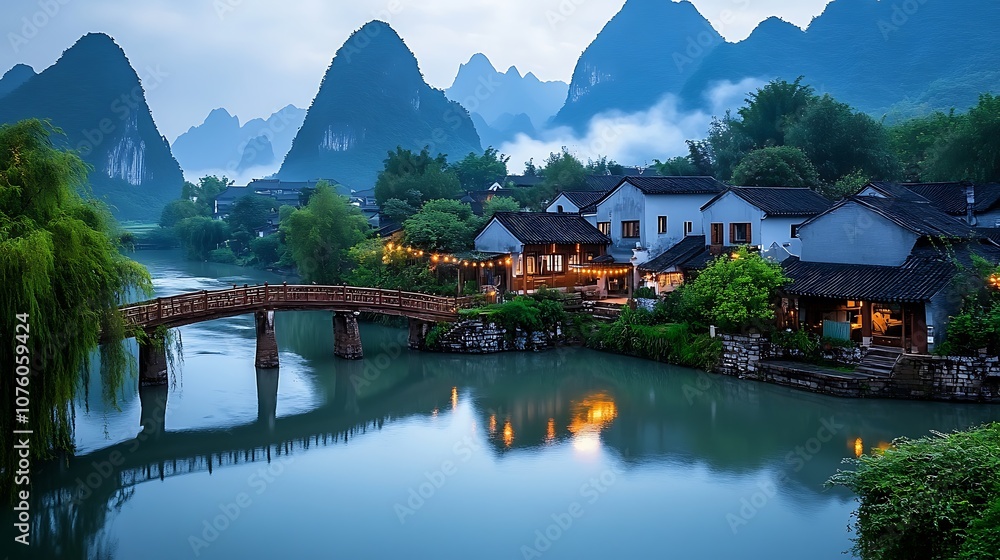 Fototapeta premium A picturesque village nestled amidst mist-covered mountains, with a wooden bridge spanning a tranquil river.