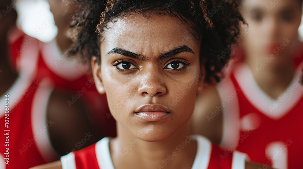 Naklejka premium Intense Close-Up Shot of a Young Female Basketball Player with Determined Expression, Capturing the Spirit of Competition and Athleticism in Team Sports