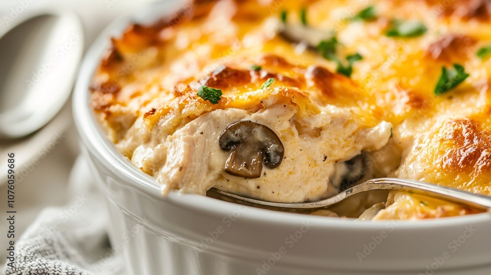 Close-Up Shot of Rich, Creamy Texture of Baked Dish with Mushrooms, Cheese, and Herbs, Perfect for Delicious Culinary Presentations and Food Photography Close-Up Shot of Rich, Creamy Texture of Baked Dish with Mushrooms, Cheese, and Herbs, Perfect for Delicious Culinary Presentations and Food Photography