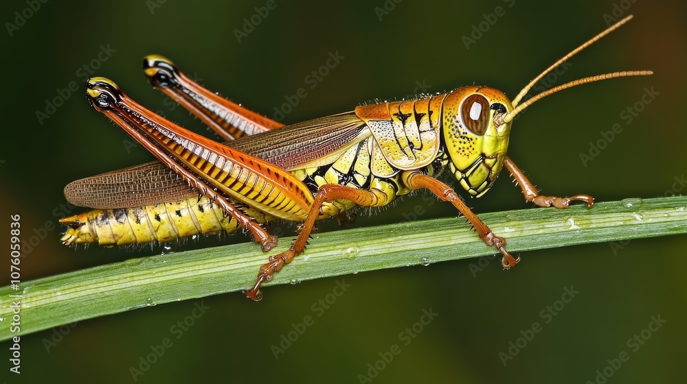 Close-Up of Vibrant Grasshopper Perched on Green Blade of Grass, Showcasing Colorful Body and Intricate Details Against a Soft Background Close-Up of Vibrant Grasshopper Perched on Green Blade of Grass, Showcasing Colorful Body and Intricate Details Against a Soft Background
