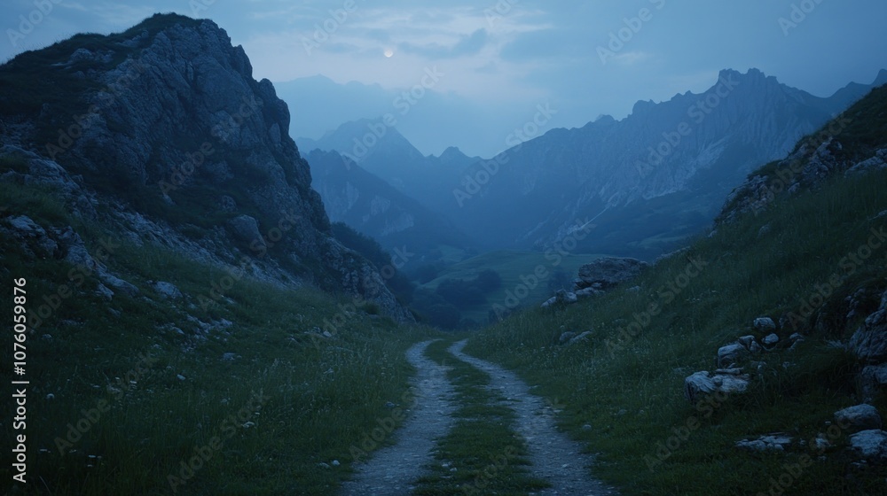 Obraz premium A serene mountain path under a twilight sky, evoking tranquility and exploration.