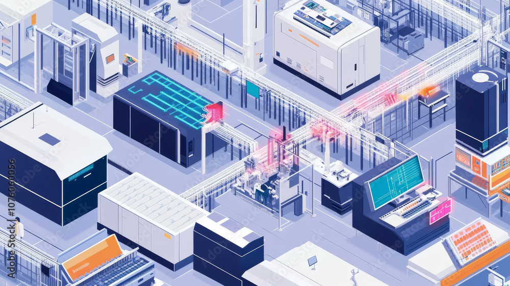 A factory integrating various tech manufacturing processes, such as microchips, sensors, and wearables, highlighting the interconnected nature of production, A factory integrating various tech manufacturing processes, such as microchips, sensors, and wearables, highlighting the interconnected nature of production,