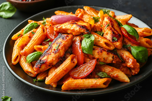 A plate of pasta with chicken and tomatoes on a black plate