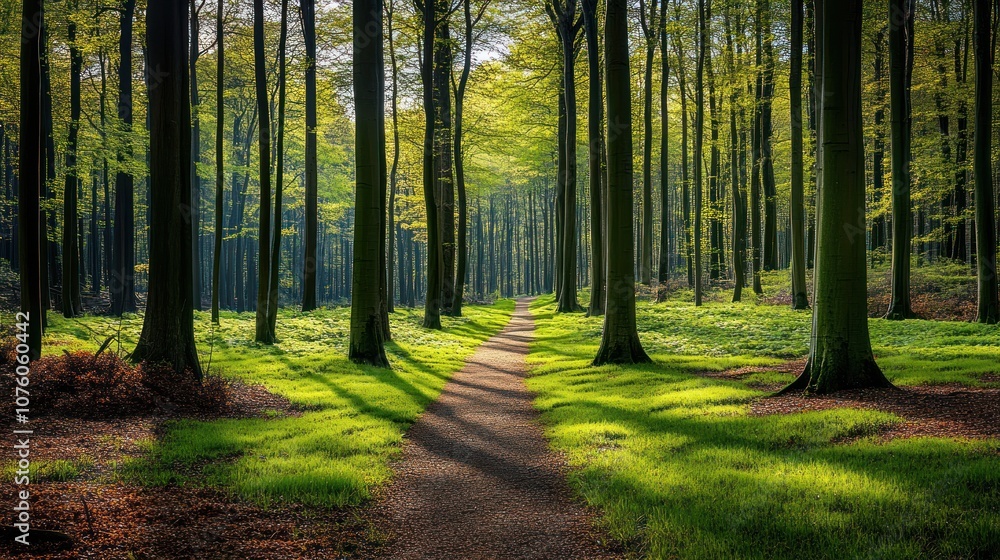 A serene forest path lined with tall trees and vibrant greenery under soft morning light. A serene forest path lined with tall trees and vibrant greenery under soft morning light.