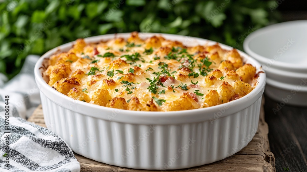 An Inviting Serving of Chicken Bacon Ranch Tater Tot Casserole Perfect for Gatherings and Comfort Food Cravings, Served in a White Dish with Fresh Herbs An Inviting Serving of Chicken Bacon Ranch Tater Tot Casserole Perfect for Gatherings and Comfort Food Cravings, Served in a White Dish with Fresh Herbs