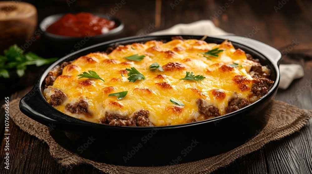 Deliciously Baked Dish with Golden Cheese, Savory Beef, and Garnished with Fresh Parsley, Perfect for Commercial Food Photography and Culinary Promotions Deliciously Baked Dish with Golden Cheese, Savory Beef, and Garnished with Fresh Parsley, Perfect for Commercial Food Photography and Culinary Promotions