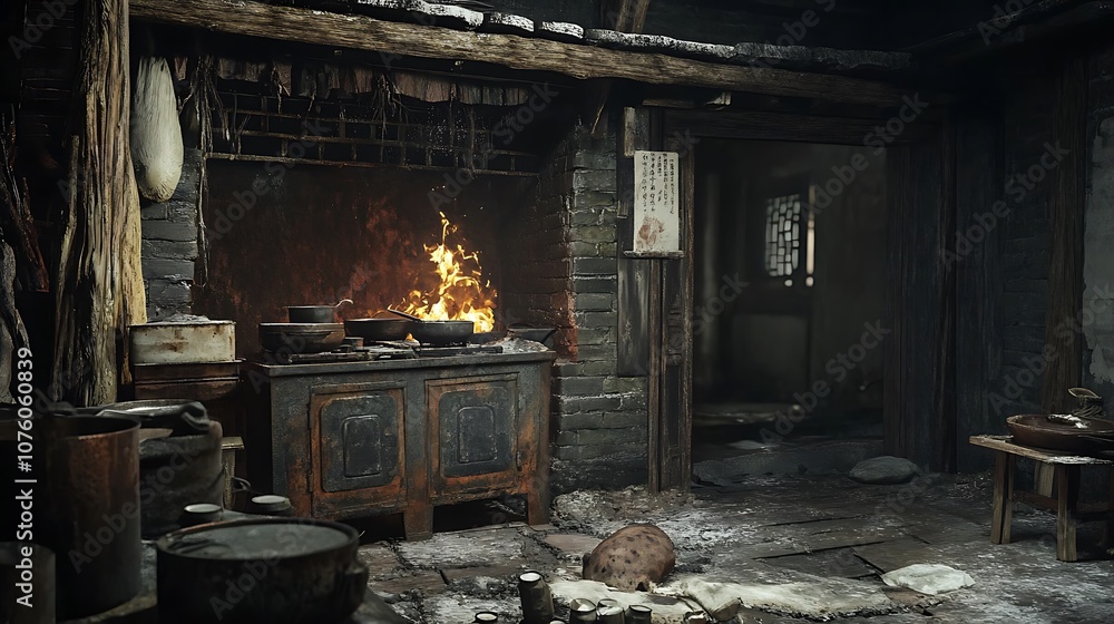 A rustic kitchen with a fireplace and a wood-burning stove, with a variety of pots and pans, lit by the fire. A rustic kitchen with a fireplace and a wood-burning stove, with a variety of pots and pans, lit by the fire.