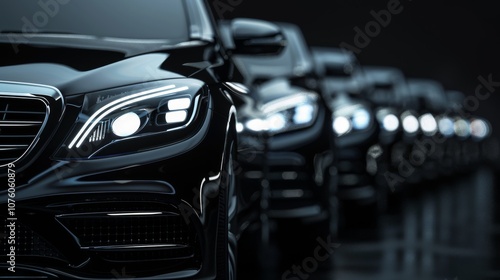 A row of elegant black cars in a parking lot. Black background.