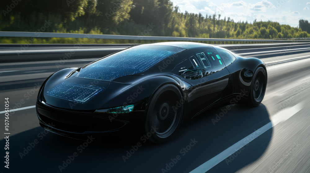 A futuristic solar-powered car cruising on an open highway, with dashboard indicators showing real-time energy efficiency and range A futuristic solar-powered car cruising on an open highway, with dashboard indicators showing real-time energy efficiency and range