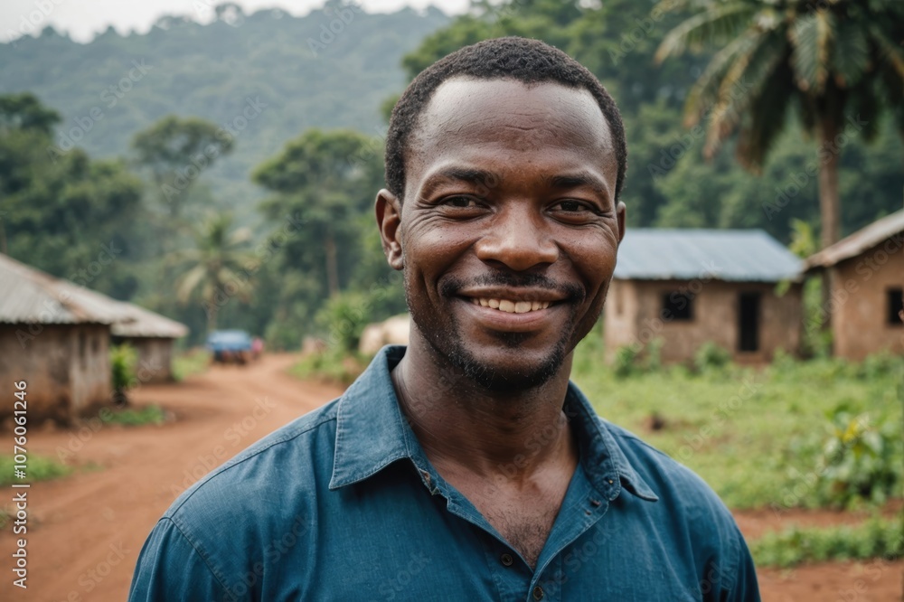 Close portrait of a smiling 40s Sierra Leonean male farmer standing and looking at the camera, outdoors Sierra Leonean rural blurred background Close portrait of a smiling 40s Sierra Leonean male farmer standing and looking at the camera, outdoors Sierra Leonean rural blurred background
