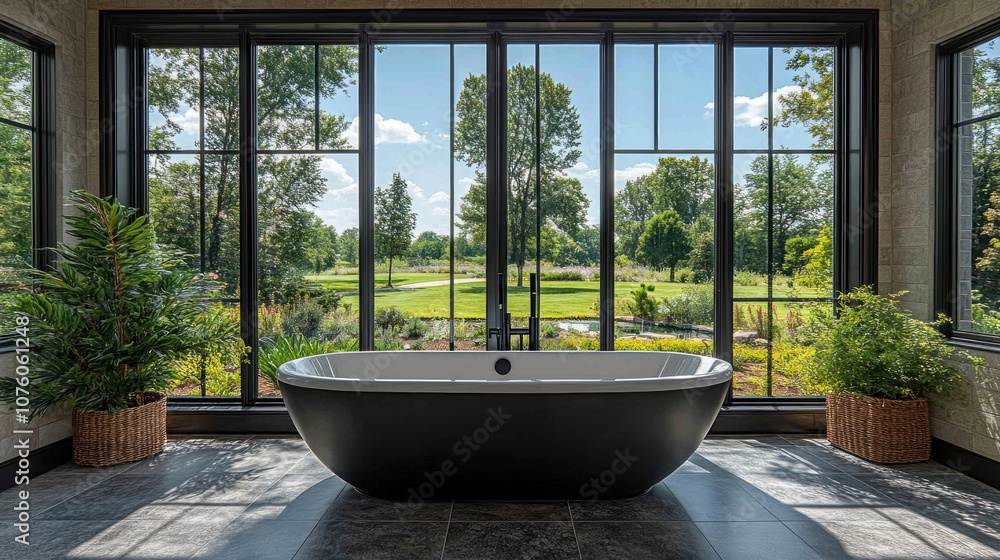 Modern bathroom with freestanding bathtub and large windows overlooking a lush garden. Modern bathroom with freestanding bathtub and large windows overlooking a lush garden.