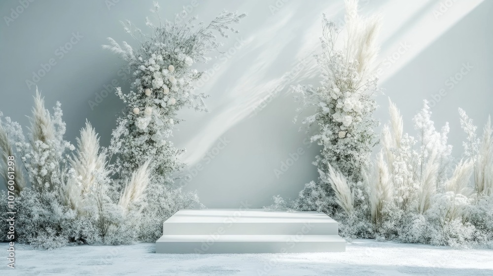 Fototapeta premium Minimalist White Platform Surrounded by Snowy Branches and Flowers