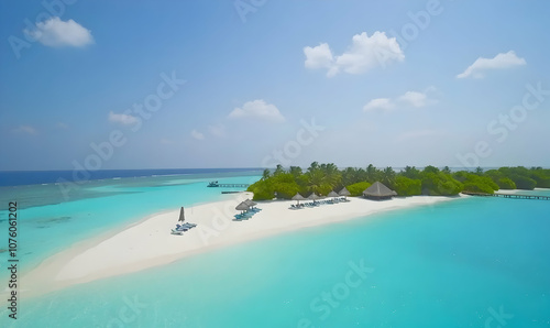 Aerial view of a tropical island with white sand beach, turquoise water, palm trees and beach umbrellas.