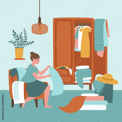 Woman cleaning her closet with clothes. There are a lot of things in the closet, wardrobe analysis is needed. Clothes are scattered all over the room. Flat vector illustration.