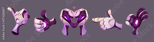 Ai robot hand with finger gesture icon vector. Human virtual technology mechanical arm with point, ok and peace position. Futuristic android part romantic communication, direction or thumb up pose
