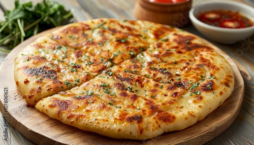 A close-up of a freshly baked cheese flatbread cut into eight slices and sprinkled with parsley, served on a wooden cutting board with a small bowl of tomato sauce in the background.