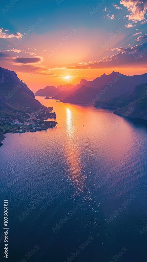 Golden Reflections: Aerial View of Sea and Mountains at Sunset Golden Reflections: Aerial View of Sea and Mountains at Sunset