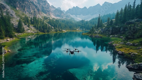 A drone flying over a remote alpine lake surrounded by steep mountain walls, the operator monitoring the drone from a rocky ledge, crystal clear water reflecting the sky, photo