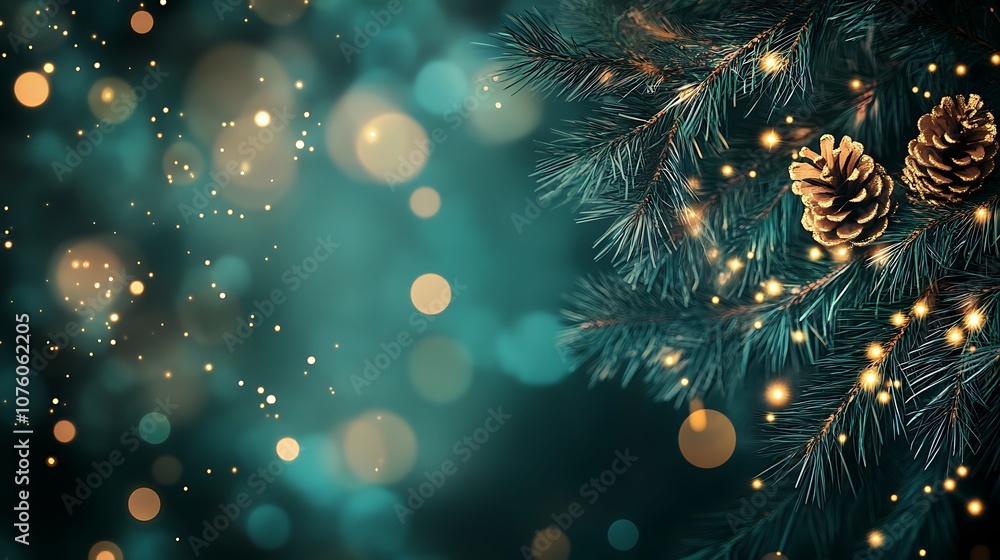 Fototapeta premium Festive Fir Tree with Bokeh and Glowing Lights with copy space 