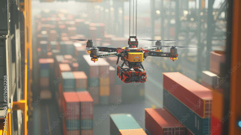 A large cargo drone lifting containers at a busy port, demonstrating the future of efficient and automated goods transport, A large cargo drone lifting containers at a busy port, demonstrating the future of efficient and automated goods transport,