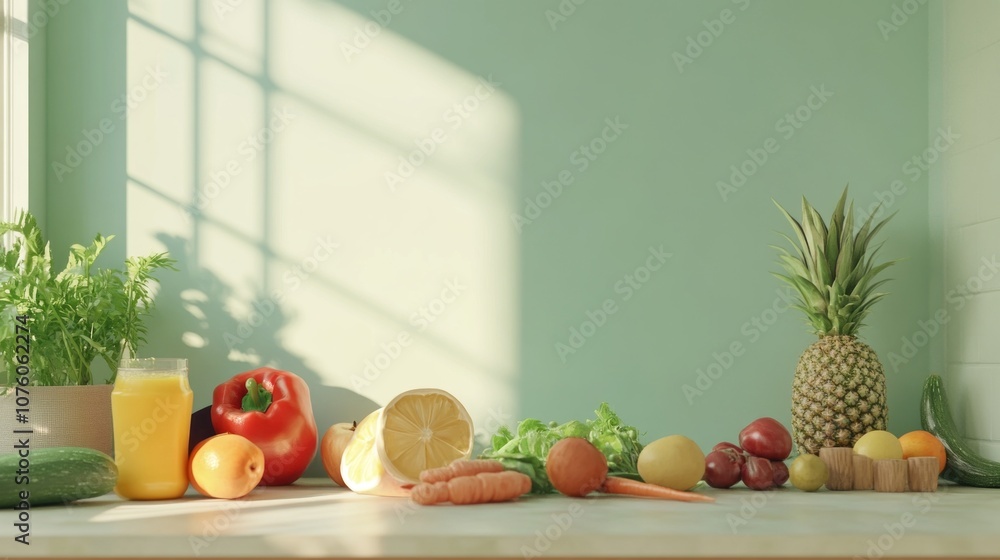 A table with a variety of fruits and vegetables, including oranges, apples A table with a variety of fruits and vegetables, including oranges, apples