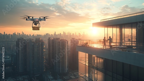 A drone landing on the deck of a modern office building, delivering a package to a delivery worker, city skyline visible in the background, reflections on the glass facade, vibrant blue sky, photo