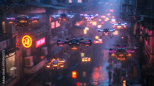 A drone racing event in a bustling city at night, multiple drones with LED lights racing through narrow alleys, spectators cheering from the rooftops, neon signs glowing, reflections on wet streets, photo