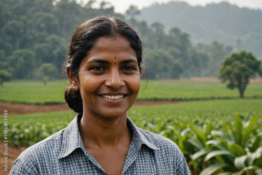 Close portrait of a smiling 40s Sri Lankan female farmer standing and looking at the camera, outdoors Sri Lankan rural blurred background Close portrait of a smiling 40s Sri Lankan female farmer standing and looking at the camera, outdoors Sri Lankan rural blurred background
