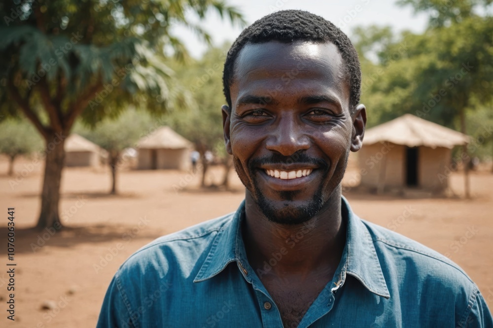 Close portrait of a smiling 40s Sudanese male farmer standing and looking at the camera, outdoors Sudanese rural blurred background Close portrait of a smiling 40s Sudanese male farmer standing and looking at the camera, outdoors Sudanese rural blurred background
