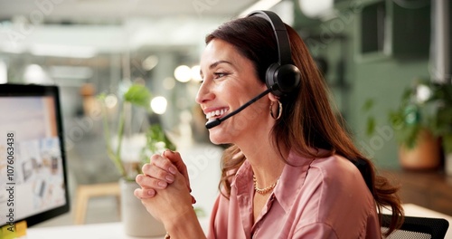 Konstfotografi Woman, headset and computer screen at call center in office for crm, customer service and sales information